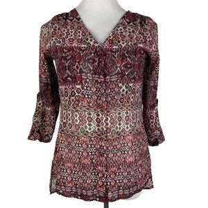 BKE‎ Boutique Boho V-Neck High-Low Blouse Women's XS Maroon Black Button Down
